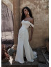 Off Shoulder Ivory Chiffon Slit Minimalist Wedding Dress